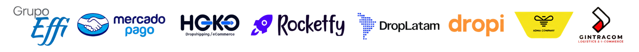 Logos de Grupo Effi, Mercado Pago, Hoko, Rocketfy, DropLatam, Dropi, ADMA Company y Gintracom