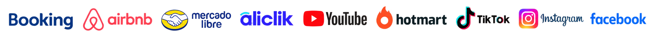 Logos de Booking, Airbnb, Mercado Libre, Aliclik, YouTube, Hotmart, TikTok, Instagram y Facebook